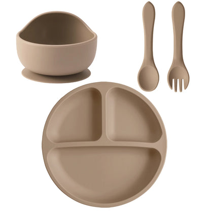 Four-Piece Silicone Baby Feeding Set with Three-Section Suction Plate, Bowl, Spoon and Fork for Supervised Toddler Meals in Ten Color Options