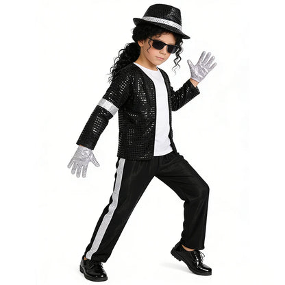 Kids Pop Star Costume with Black Sequin Jacket and Pants Set Options, Retro Dance Performance Outfit for Halloween and Parties, Sizes S-XL
