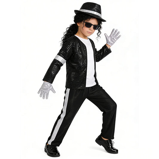 Kids Pop Star Costume with Black Sequin Jacket and Pants Set Options, Retro Dance Performance Outfit for Halloween and Parties, Sizes S-XL