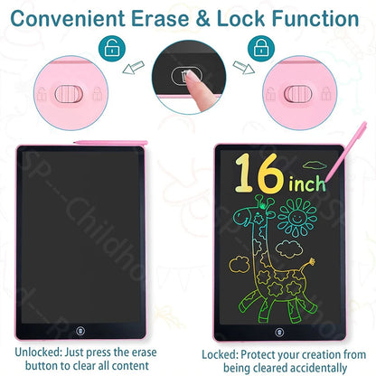 16-Inch Color LCD Drawing Board, Reusable Kids Writing Tablet with Erase Lock Switch and POM Stylus for Doodles, Letters and Number Practice