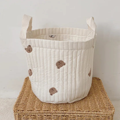 Diaper Storage Basket with Cute Bear Embroidery and Carry Handles, Quilted Nursery Organizer for Newborn Diapers, Toys and Baby Essentials
