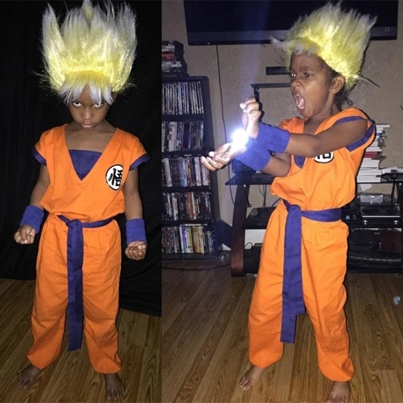 Orange Anime Gi Costume for Kids and Adults, Goku-Inspired Polyester Top and Pants with 5, 6 or 7-Piece Accessory Options for Halloween and Cosplay
