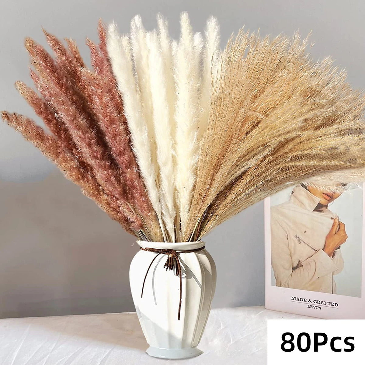 Dried Pampas Grass Bouquet, Natural Decorative Flowers and Bunny Tail Grass for Boho Vase Styling, Home Displays, Weddings and Party Decor