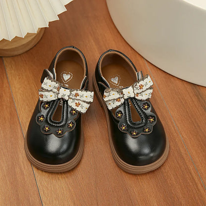 Girls Floral Bow T-Strap Shoes with Scalloped Flower Details and Round Toe, Black or Beige Dress Flats for School Outfits, Parties and Photos