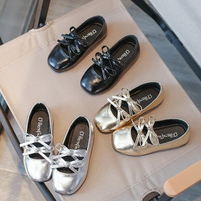 Girls Square-Toe Double-Bow Dress Flats with Cross-Strap Detail in Silver, Black or Gold for Party Outfits, Family Celebrations and Special Occasions
