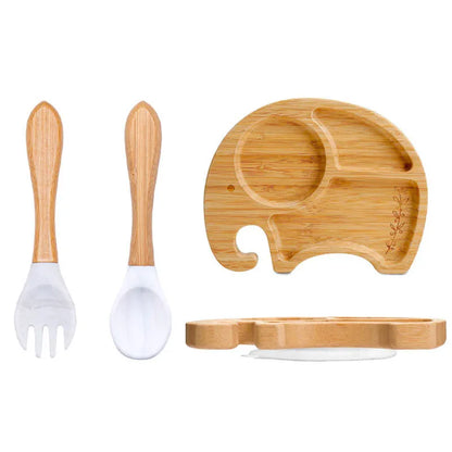 Baby Bamboo Suction Plate Set with Wooden-Handle Spoon and Fork, 3-Piece Cartoon Dinnerware with Divided Elephant Design for Toddler Meals