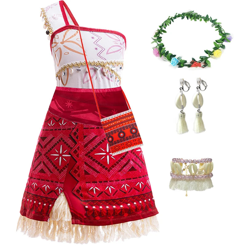 Ocean Princess Costume Dress for Girls with Necklace, Red Patterned Skirt and Fringe Trim for Halloween, Birthday Parties and Adventure Dress-Up