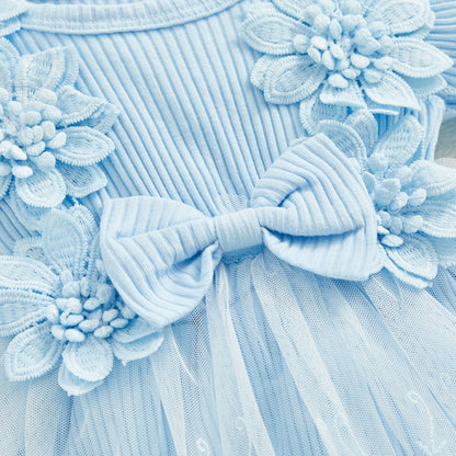 Flower Applique Baby Girl Romper Dress with Headband, Lace Mesh Skirt and Waist Bow, Cotton Blend Summer Occasion Outfit for 0-18 Months