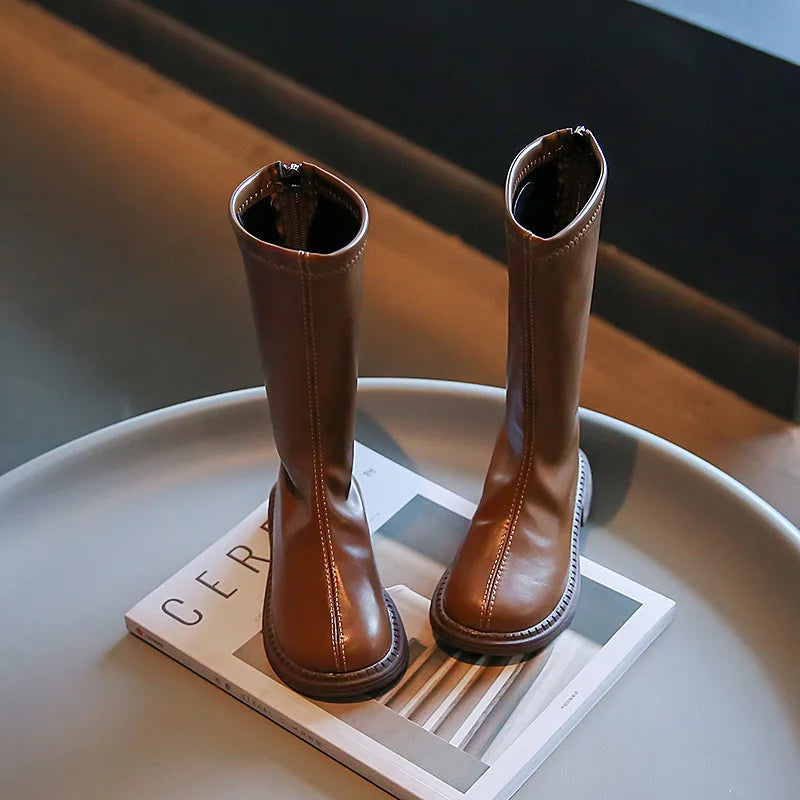 Back-Zip Girls Tall Boots in PU with Round Toes and Minimalist Styling, Khaki, Beige or Black Fashion Shoes for Spring and Autumn, Sizes 26-36