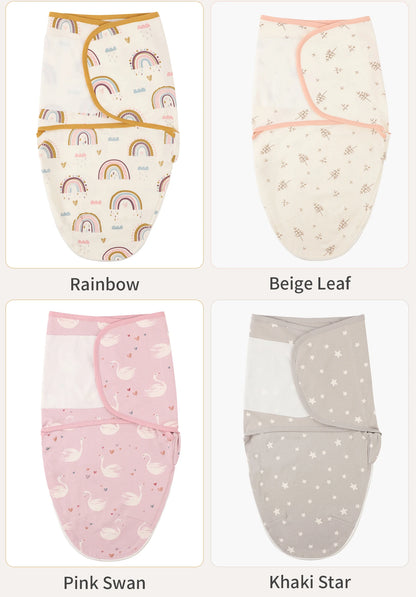 Envelope Baby Swaddle Wrap with Cap, INSULAR Adjustable Cotton Newborn Set in S and M with Animal, Leaf, Rainbow and Star Pattern Options