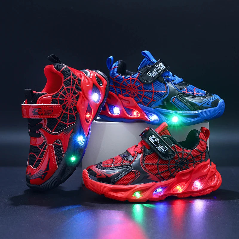 Motion-Activated Light-Up Sneakers for Kids, MGO Breathable Mesh Shoes with Spider-Web Pattern and LED Soles in Red, Blue or Black