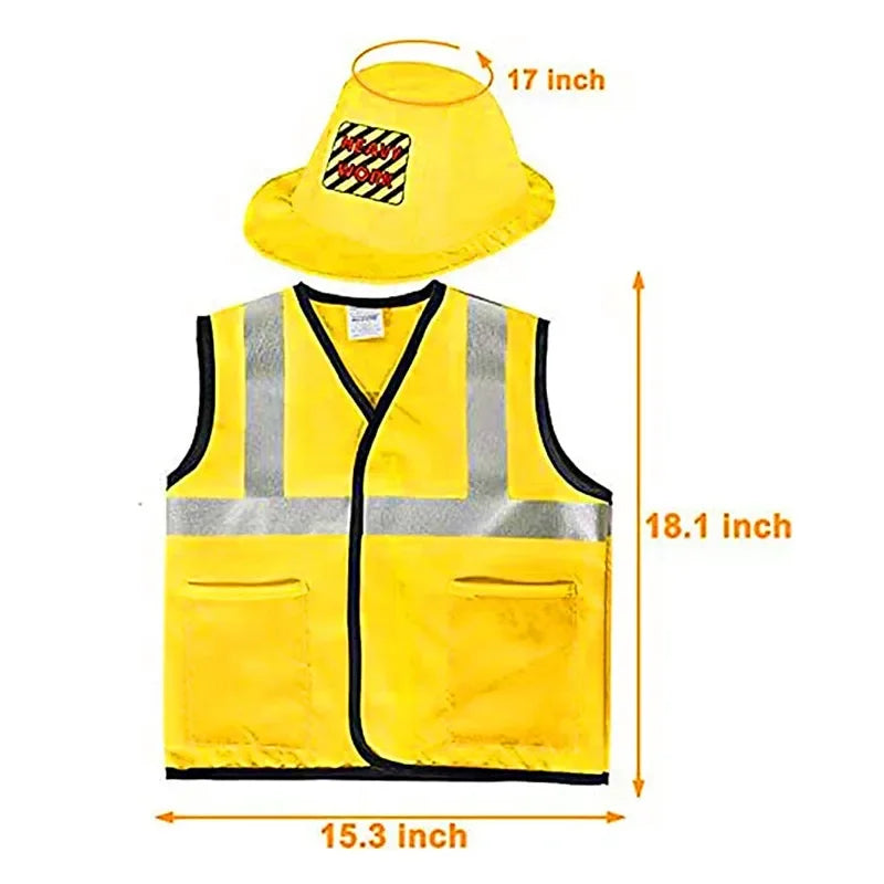 Construction Worker Dress-Up Set for Kids Ages 3-6, Builder Costume with Vest, Hat and Pretend Tools for Career Day and Birthday Play