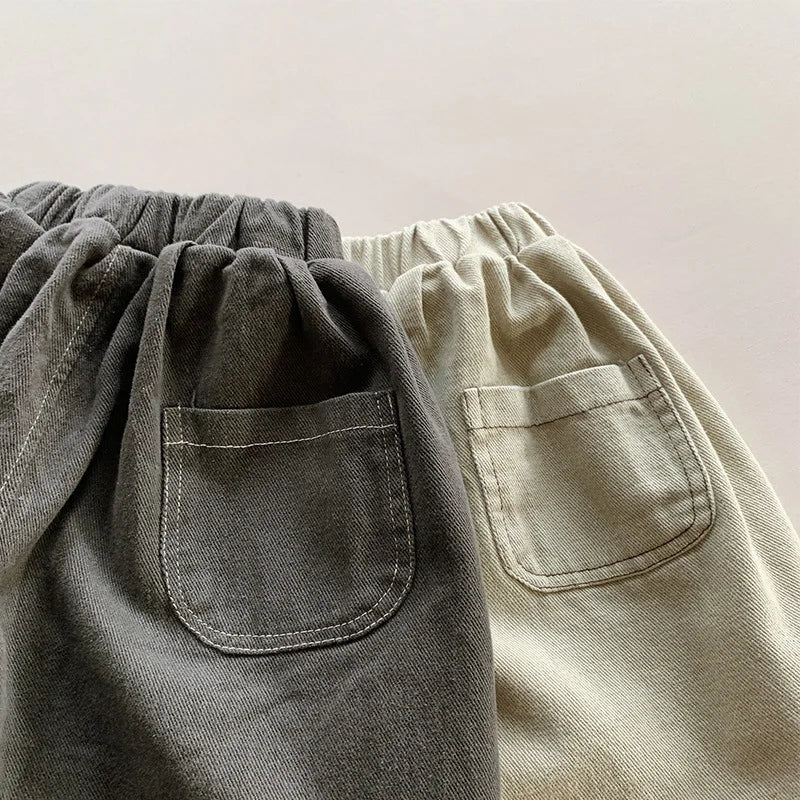 Toddler Wide Leg Pants with Elastic Waist and Stitched Patch Pockets, Apricot or Dark Gray Casual Harem Trousers for Boys and Girls, 12M–6T