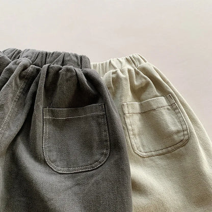 Toddler Wide Leg Pants with Elastic Waist and Stitched Patch Pockets, Apricot or Dark Gray Casual Harem Trousers for Boys and Girls, 12M–6T