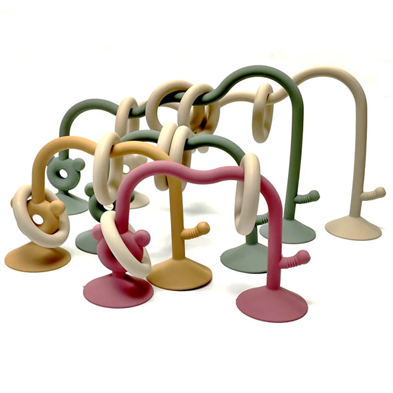 Silicone Suction Bead Toy with Curved Track and Sliding Rings, Colorful Tabletop Activity for Supervised Grasping and Visual Exploration