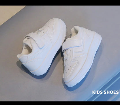 Kids White Low-Top Sneakers with Adjustable Strap, Perforated Toe and Silver Heel Detail for Boys and Girls Spring and Fall Casual Outfits