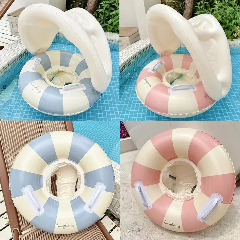 Inflatable Baby Pool Float Seat with Detachable Canopy and Easy-Grip Handles, Retro Striped Swim Ring for Supervised Summer Water Play