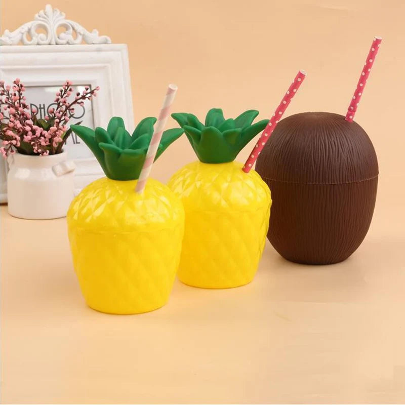 Fruit Shaped Party Cups in Pineapple, Coconut and Strawberry Designs, 6 or 10-Piece Plastic Drink Cup Sets for Luau Birthdays and Summer Celebrations