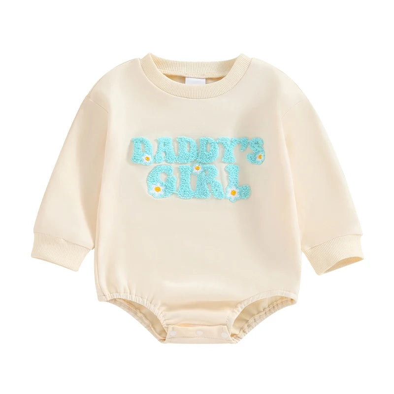 Daddy's Girl Baby Sweatshirt Romper with Letter Embroidery, Cotton-Blend Long Sleeve Crew Neck One-Piece Outfit for Spring and Fall, 3M-18M