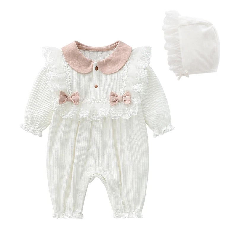 Baby Girl Jumpsuit and Hat Set with Ink-Style Print and Ruffled Yoke, Long Sleeve Cotton Outfit for Spring, Fall and Family Photos, Sizes 59-90