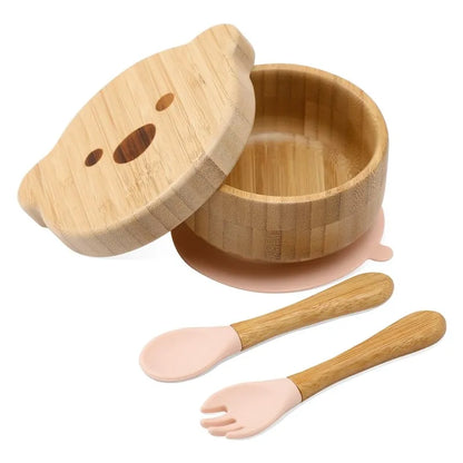 Bamboo Baby Tableware Set with Animal Plate Designs, Bowl, Cup and Wooden-Handle Utensil Options for Supervised Infant and Toddler Mealtimes