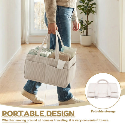 Portable Diaper Caddy Basket in Beige Corduroy with Dividers, Multiple Pockets and Carry Handles for Nursery Organization and Baby Changing Supplies