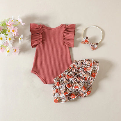 Infant Girls Summer Clothing Set with Ruffle Sleeve Ribbed Romper, Floral Bow Shorts and Matching Headband, 3-Piece Outfit for 0-24 Months