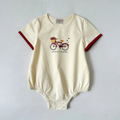 Bicycle Print Sibling Matching Outfits, Cream Girls Dresses and Tops with Red Skirts, Boys Green Shorts and Baby Rompers for Family Photos