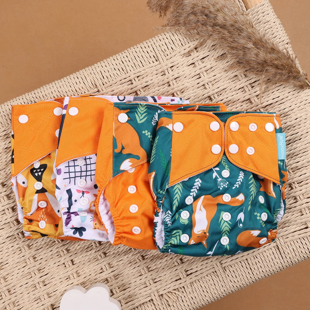 Pocket Cloth Diapers 4-Pack by Happyflute, Reusable Baby Nappies with Printed PUL Outer, Suede Cloth Lining and Snap Closures for 3–15 kg