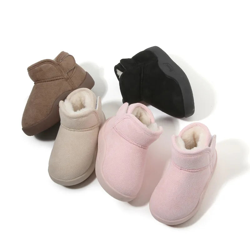 Toddler Winter Ankle Boots with Cozy Plush Lining, Short Cold-Weather Shoes for Boys and Girls in Brown, Beige, Black or Pink, CN15-24