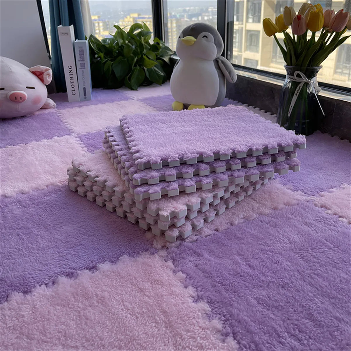 Plush Carpet Puzzle Mat, 20-Piece Interlocking EVA Foam Floor Tiles in Two-Color Options, 30 x 30 x 1 cm Squares for Nursery and Kids Rooms
