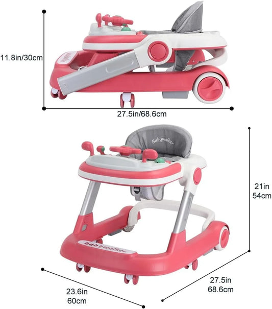 Convertible Seated Baby Walker with Walk-Behind Mode, Foldable Frame, Removable Feeding and Music Trays, Adjustable Height in Four Colors