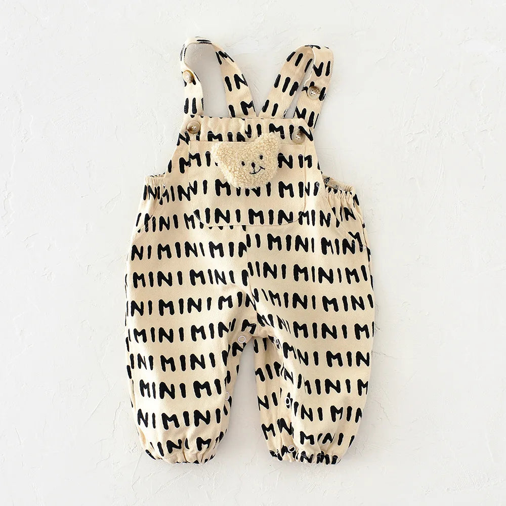 Baby Bear Patch Overalls with Red Stripe or Beige MINI Print, Button Shoulder Straps and Snap Legs, Loose-Fit Infant Jumpsuit for Boys and Girls