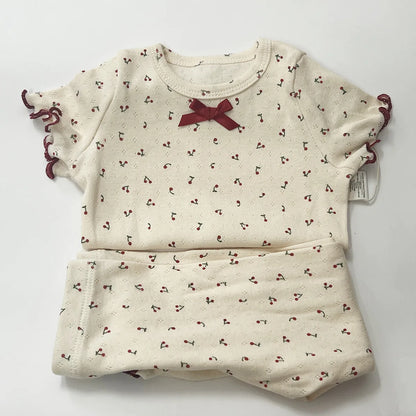 Cherry Print Girls Cotton Pajama Set, Cream Long Sleeve Top and Matching Pants with Red Picot Trim, Two-Piece Toddler Homewear, 1-6T