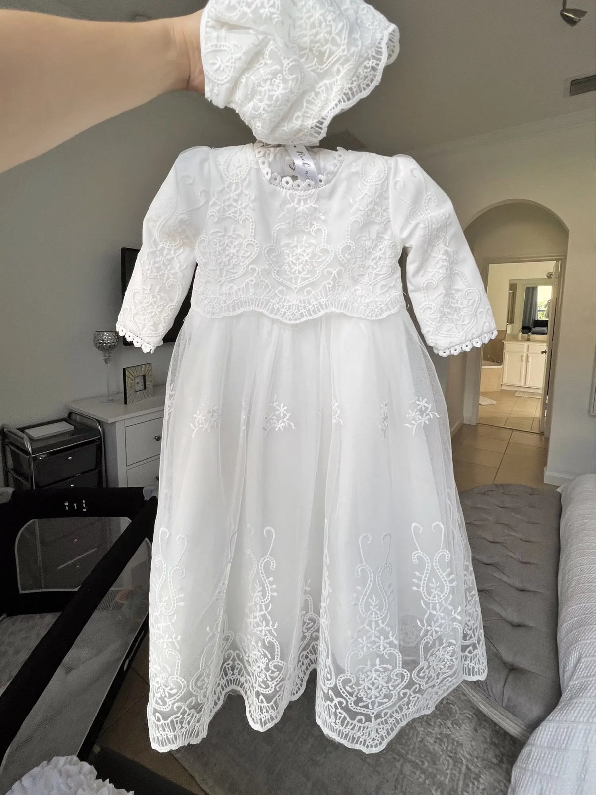 Baby Baptism Gown for Girls with Long Sleeves, Lace Details and Cotton Lining, Dress and Cap Set for Christening and First Birthday Photos