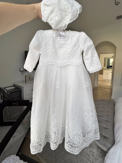 Baby Baptism Gown for Girls with Long Sleeves, Lace Details and Cotton Lining, Dress and Cap Set for Christening and First Birthday Photos