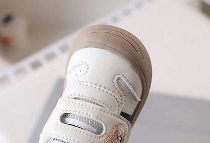 Toddler Bear Sneakers with Hook-and-Loop Strap, Perforated Upper and Striped Sides, Baby Boys and Girls Casual Shoes in Black Gold or Red, Sizes 16-25