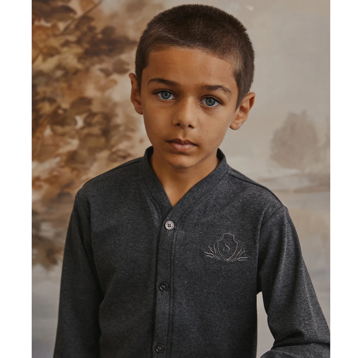 Jersey Sibling Matching Outfits in Gray and Navy, Long Sleeve Girls Maxi Dress and Embroidered Boys Set Options with Cotton Rayon Stretch Blend