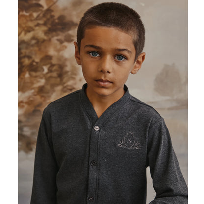 Jersey Sibling Matching Outfits in Gray and Navy, Long Sleeve Girls Maxi Dress and Embroidered Boys Set Options with Cotton Rayon Stretch Blend