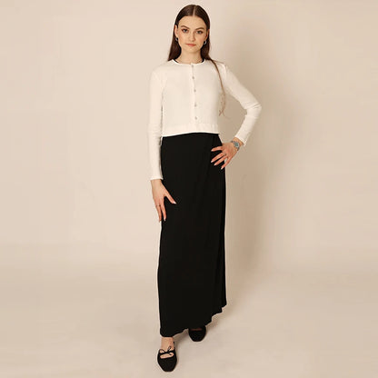 Women's Sleeveless Maxi Dress and Button-Front Cardigan Options, Black and Cream Layering Outfit for Everyday Wear, Ladies XS-3XL
