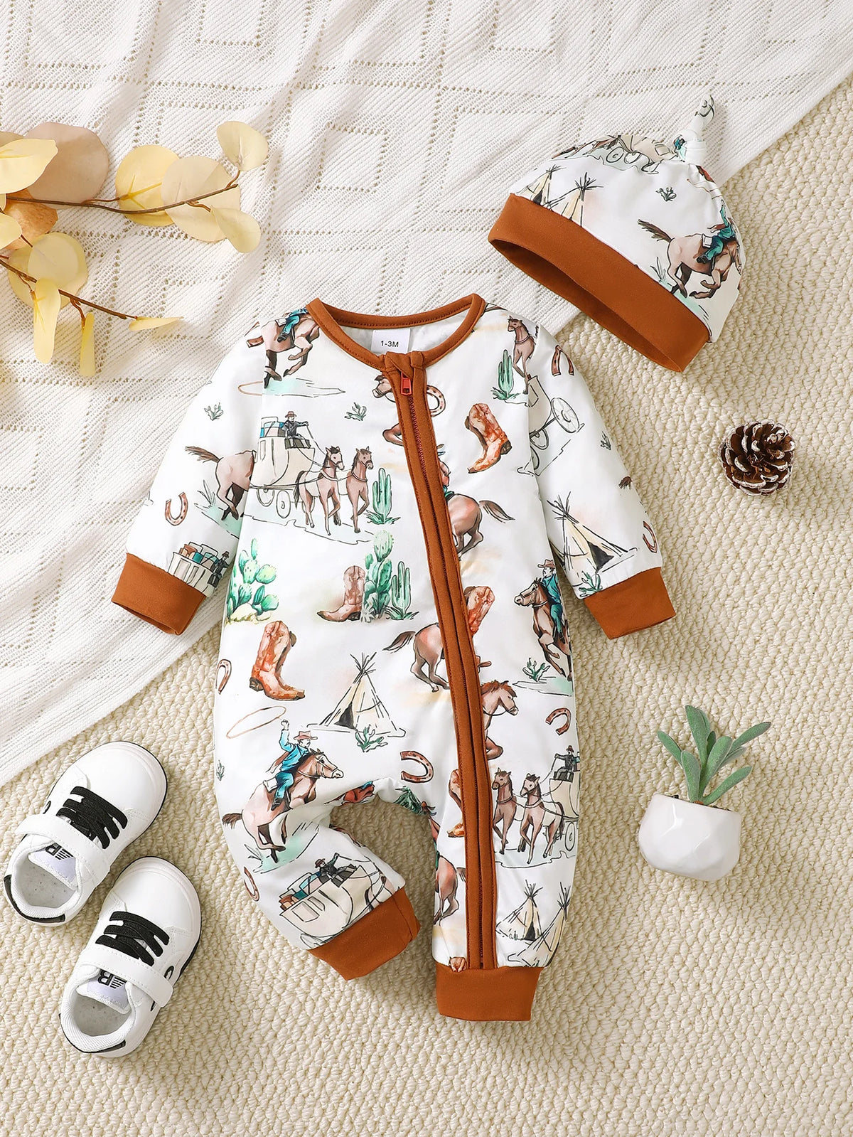 Bear Print Infant Romper with Long Sleeves and Front Fastenings, Contrast Trim and Footless Cuffs for Everyday Baby Outfits, Sizes 1-18 Months