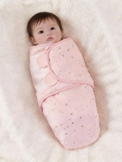 Gold Star Baby Swaddle Wrap for Newborns, Wrap Around Blanket with Overlapping Panels in White, Pink or Blue, Single Piece Nursery Gift