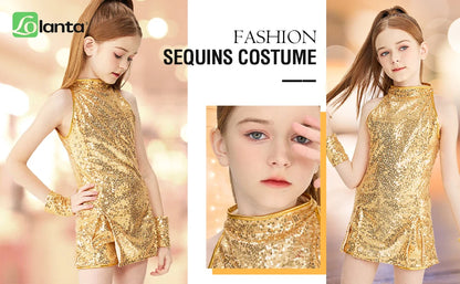 Girls Sequin Jazz Dance Costume with Sleeveless A-Line Dress, Shorts, Socks and Wristbands, Sparkly Hip Hop Stage Outfit for Ages 4-12
