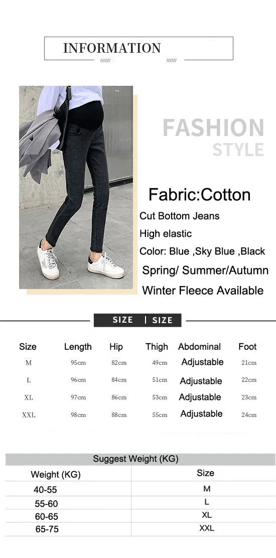 Maternity Denim Jeans with Over-Belly Panel, Blue Pregnancy Pants with Frayed Hem Styling, M-2XL Options for Everyday Casual Outfits