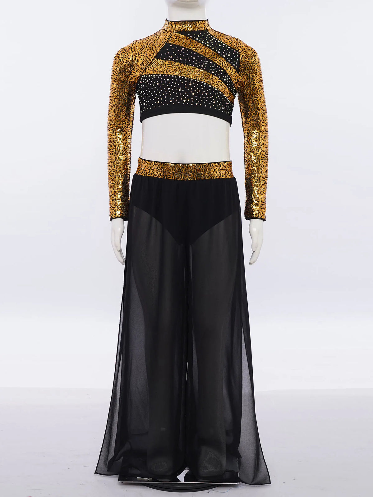 Girls Lyrical Dance Costume Set with Mock Neck Sparkle Top and Wide Leg Pants, Chiffon Overlay and Sleeveless Styles for Recitals and Stage Performances