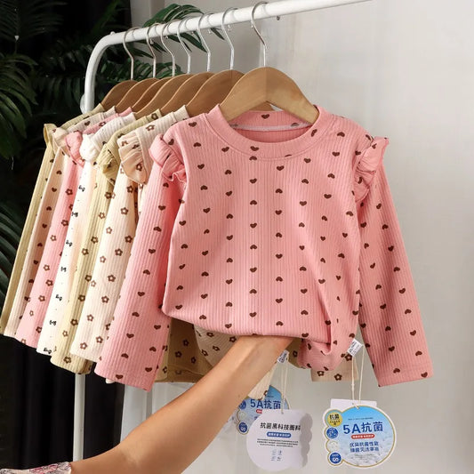 Toddler Ruffle Shoulder Long Sleeve Tops, Heart or Floral Print Crewneck Shirts in Pink and Beige, Sizes 12M-5T for Everyday Layering