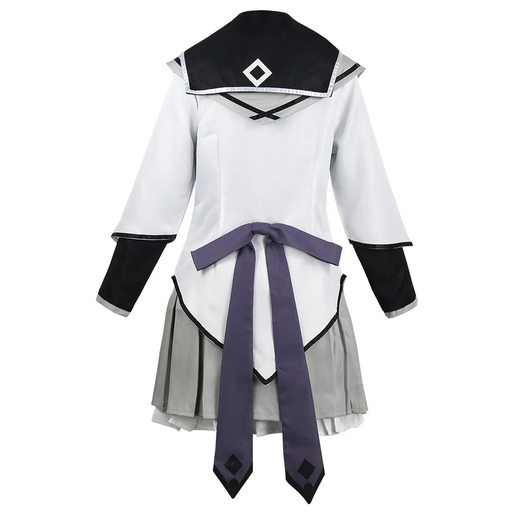 Akemi Homura Cosplay Uniform with White Coat, Gray Skirt, Purple Bows and Stockings, Anime Character Outfit for Halloween and Convention Events