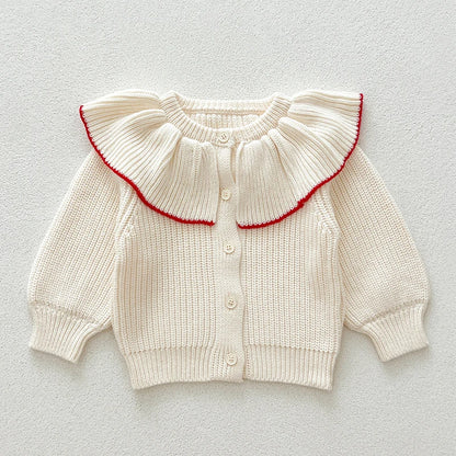 Contrast-Trim Ruffle Collar Baby Girl Cardigan Styles with Button Front and Long Sleeves, Infant and Toddler Knit Sweater Options in Sizes 3M-3T