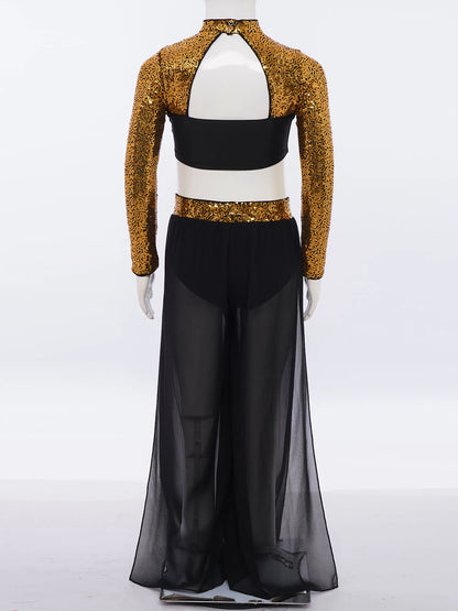 Girls Lyrical Dance Costume Set with Mock Neck Sparkle Top and Wide Leg Pants, Chiffon Overlay and Sleeveless Styles for Recitals and Stage Performances