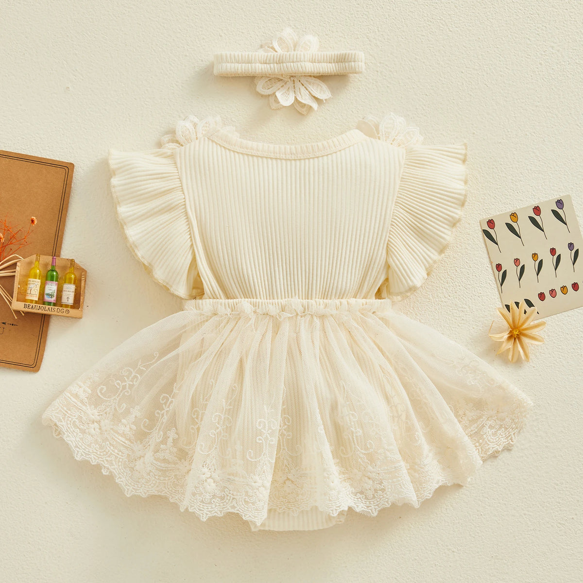Flower Applique Baby Girl Romper Dress with Headband, Lace Mesh Skirt and Waist Bow, Cotton Blend Summer Occasion Outfit for 0-18 Months